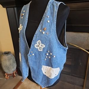 Vintage Style Denim Vest Lace Detail with Hearts & Bears sewn on One Size